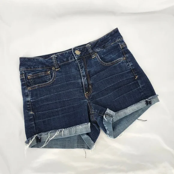 American Eagle Dark Wash Raw Hem Denim Short Womens 10 Indie Sleeze Grunge - Picture 2 of 7
